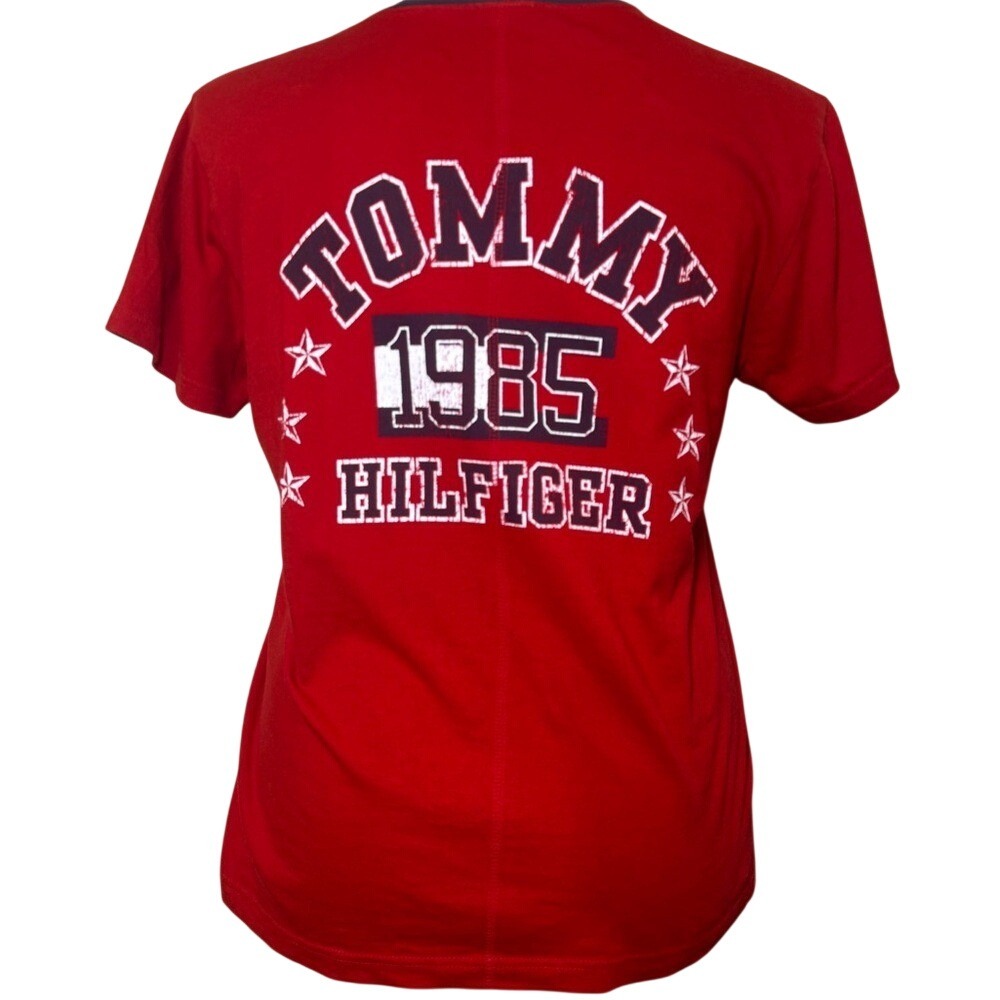 Vintage Tommy Hilfiger Graphic Back‎ Varsity Logo Tee Lace up T-Shirt Top 1985